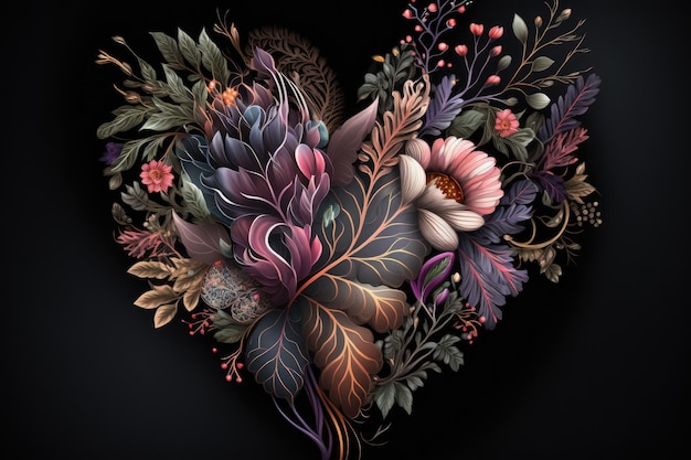 Original bouquet of flowers in form of beautiful art of heart on dark background