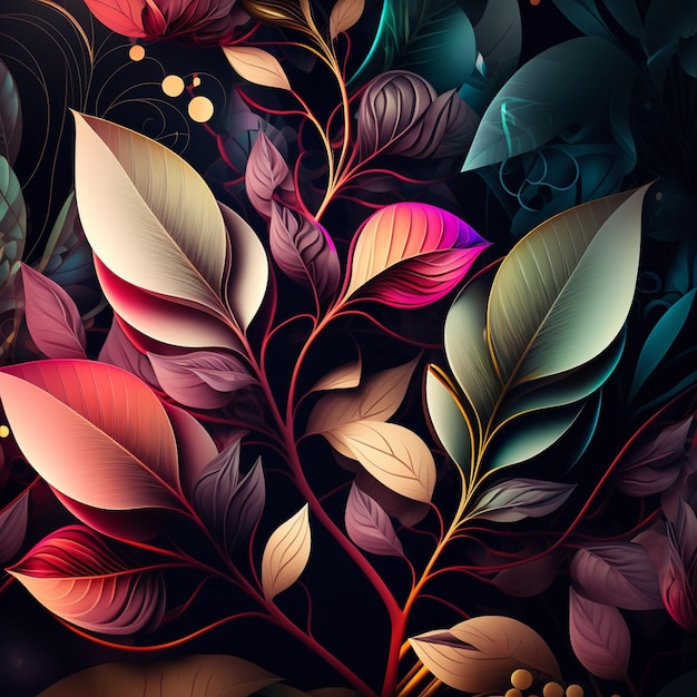 Original floral design with exotic flowers and tropic leaves Colorful flowers on dark background closeup