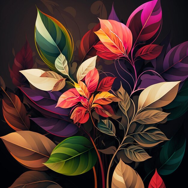 Original floral design with exotic flowers and tropic leaves Colorful flowers on dark background