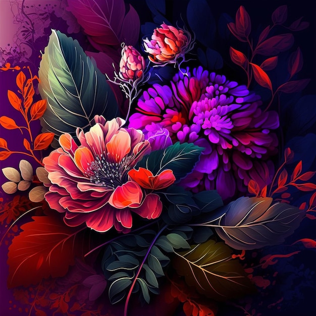 エキゾチックな花と熱帯の葉を持つオリジナルの花のデザイン 暗い背景に色とりどりの花