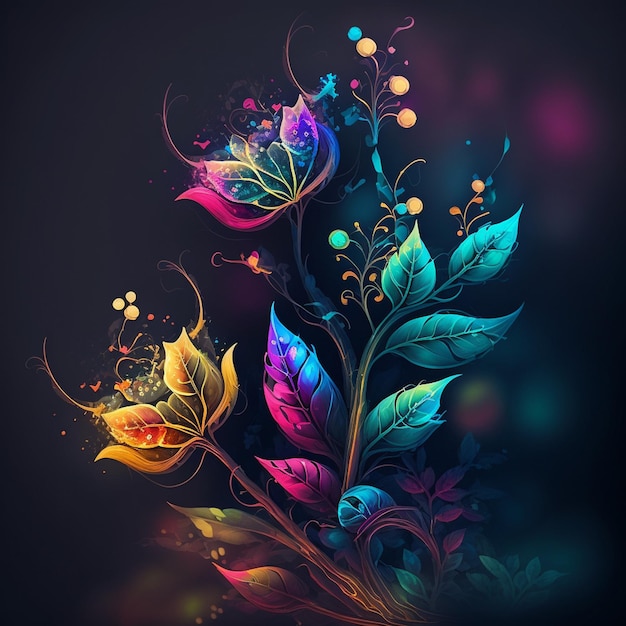 Original floral design with exotic flowers and tropic leaves Colorful flowers on dark background