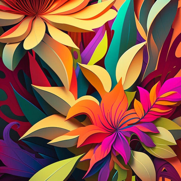 Original floral design with exotic flowers and tropic leaves Colorful flowers on dark background