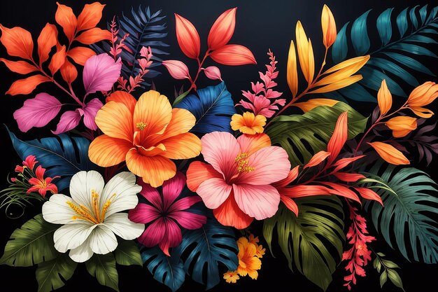 Original floral design with exotic flowers and tropic leaves colorful flowers on dark background