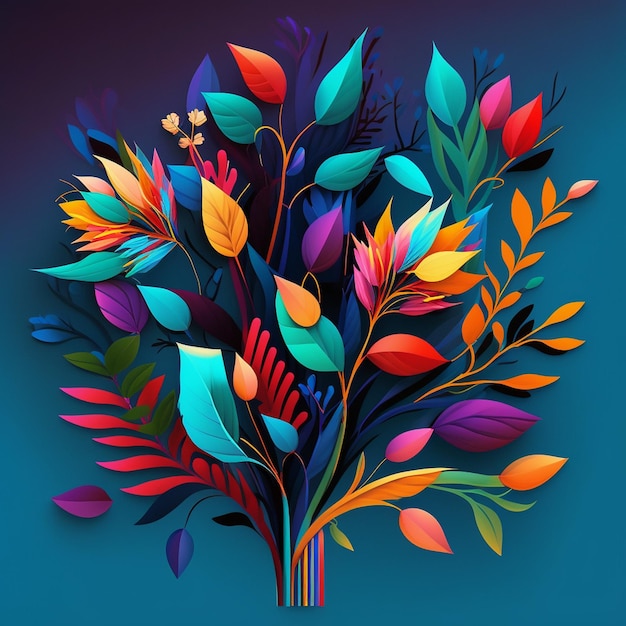 Original floral design with exotic flowers and tropic leaves Colorful flowers on dark blue background