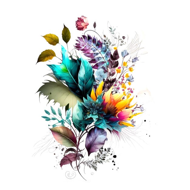 Original floral design with exotic flowers and tropic leaves Colorful flowers on white background