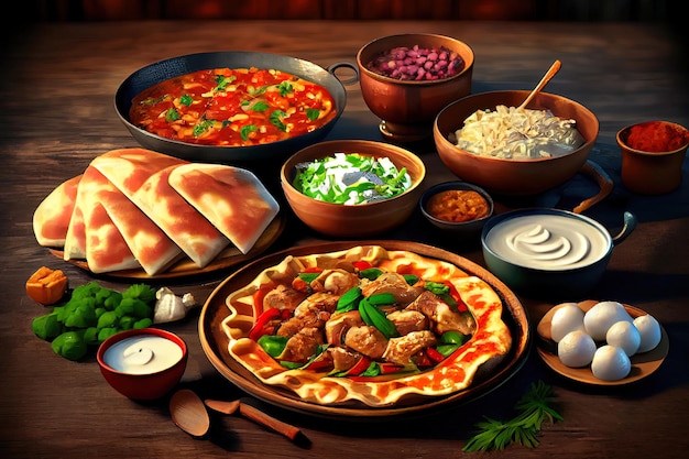 오리지널 그루지야 요리 온 가족이 즐길 수 있는 다양한 요리로 구성된 대형 테이블 Generative Ai
