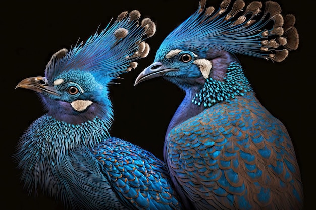 Original image of royal birds with blue plumage on dark background generative ai