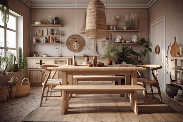 The original interior of the dining room a table chairs benches shelves and dishes made of natural w