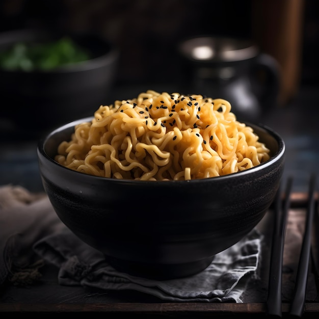 黒いボウルに入ったオリジナルの日本のラーメンの麺生成ai