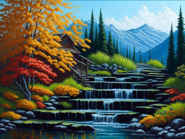 Original oil painting of beautiful spring landscape forestsnow mountains and river on canvasModer