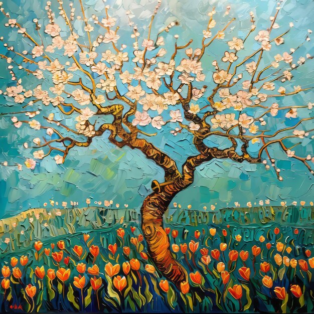 Photo original oil painting of a blooming tree in a field of tulips