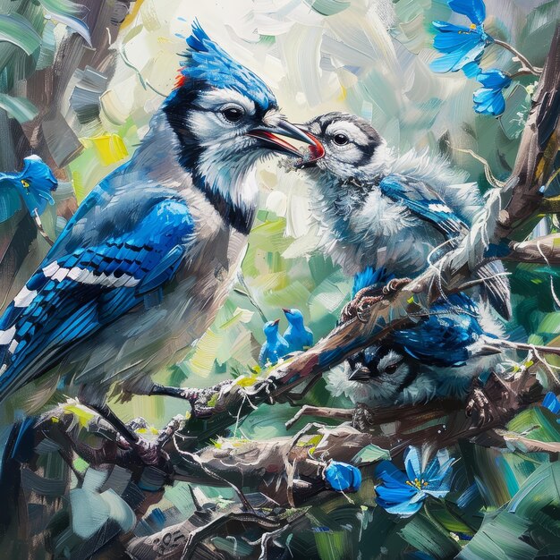 Photo original oil painting of blue jay bird and baby blue jay on branch