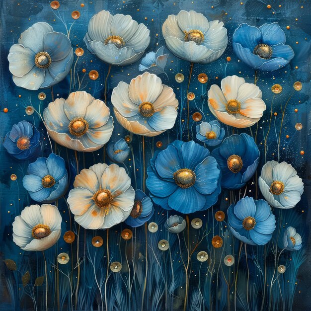 Photo original oil painting on canvas of blue and yellow poppies in the field