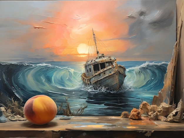 Foto pittura ad olio originale su tela nave a vela nell'oceano