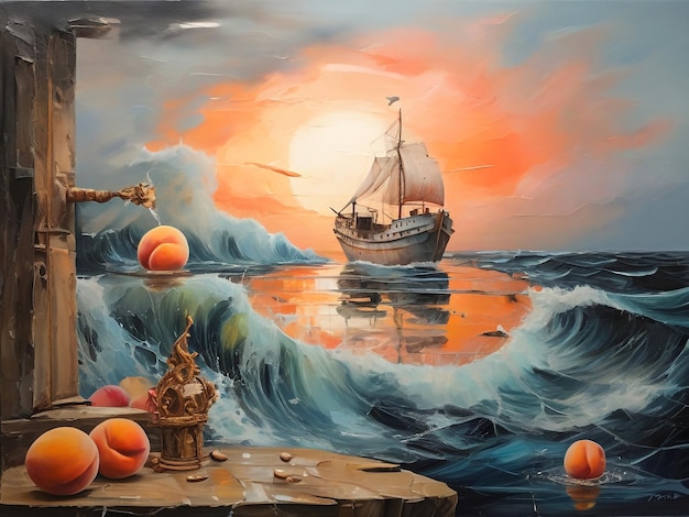 Foto original oil painting on canvas sailing ship in the ocean