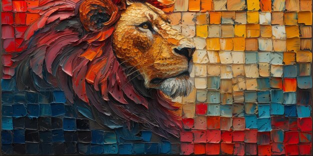 Foto pittura ad olio originale leone dipinto in colori colorati bellissimi occhi blu vetrosi pittura contemporanea formato allungato