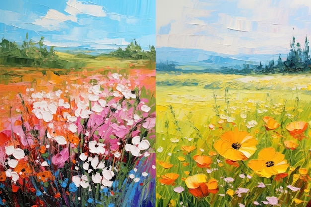 Original oil painting of poppies on canvas Two version Paintings of flowers in the style of Monet Claude impressionism paint landscapes with flower meadows in oil AI Generated