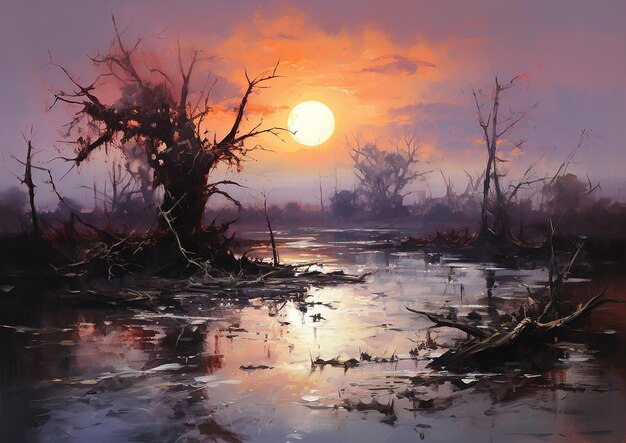 Original Painting of a Full Moon over a Swamp