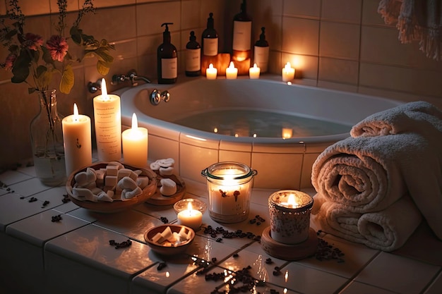 Original romantic evening in bathroom with candles and spa procedures created with generative ai