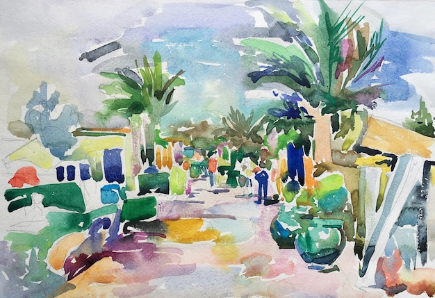 Original watercolor painting of tropical resort view