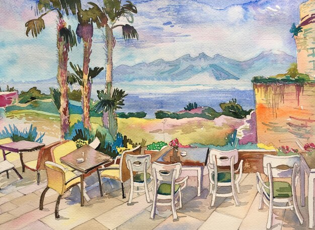Original watercolor painting of wonderful place in Antalya Turkey view of the sea and mountains