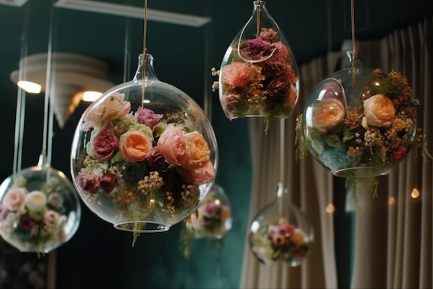 Original wedding floral decoration in the form of minivases and bouquets of flowers hanging from th