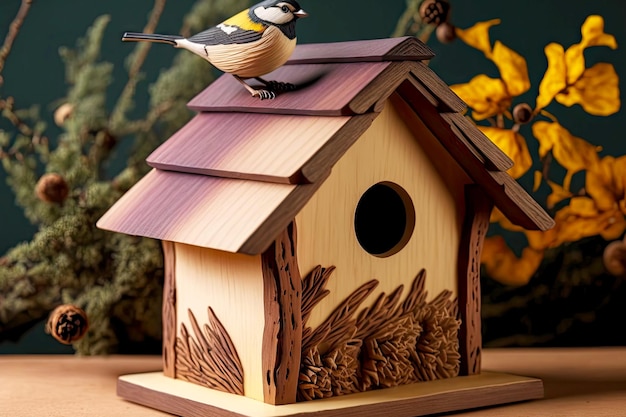 Original wooden birdhouse with roof and house for sparrows