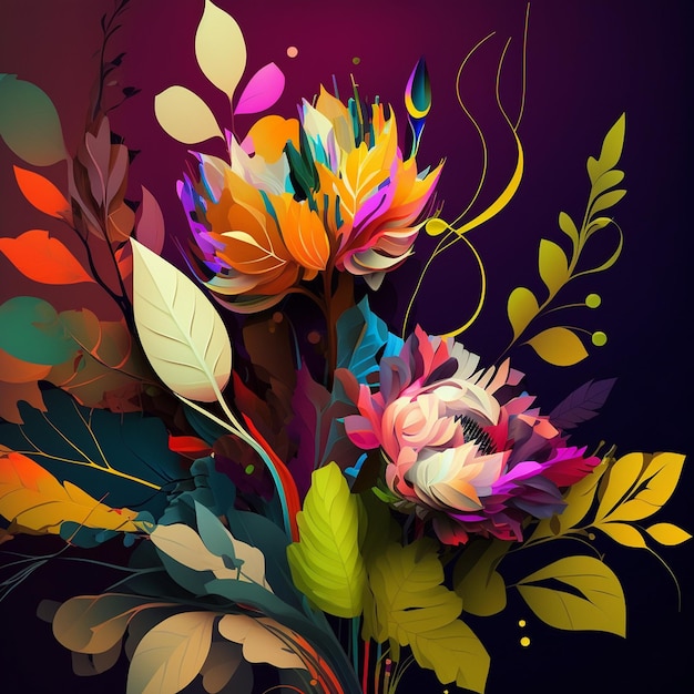 Origineel bloemdessin met exotische bloemen en tropische bladeren Kleurrijke bloemen op donkere paarse achtergrond