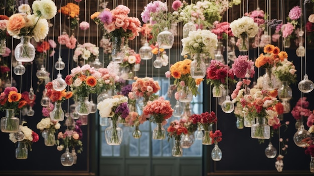 Originele bruiloftsbloemdecoratie in de vorm van minivaasjes en boeketten met bloemen die aan het plafond hangen