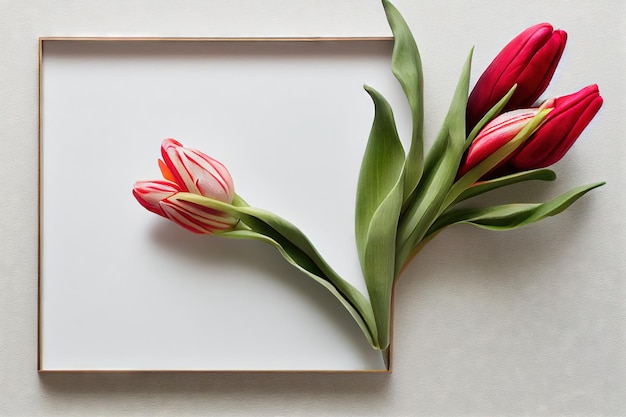 Originele decoratie in de vorm van tulpenbloem met bladeren op witte achtergrond