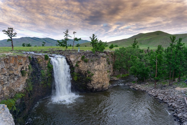 Orkhon waterfall in Mongolia at sunrise