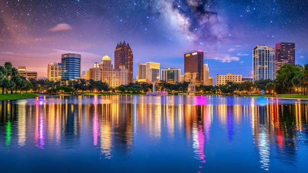 Photo orlando city lake eola night time