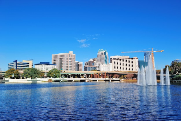 Orlando Lake Lucerne panorama in the morning with office buildings, bridge and fountain