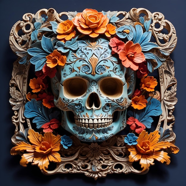 Ornament of carved colored skull with flowers frame of flowers