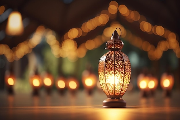 Декоративный арабский фонарь, светящийся в мусульманский священный месяц Рамадан Карим