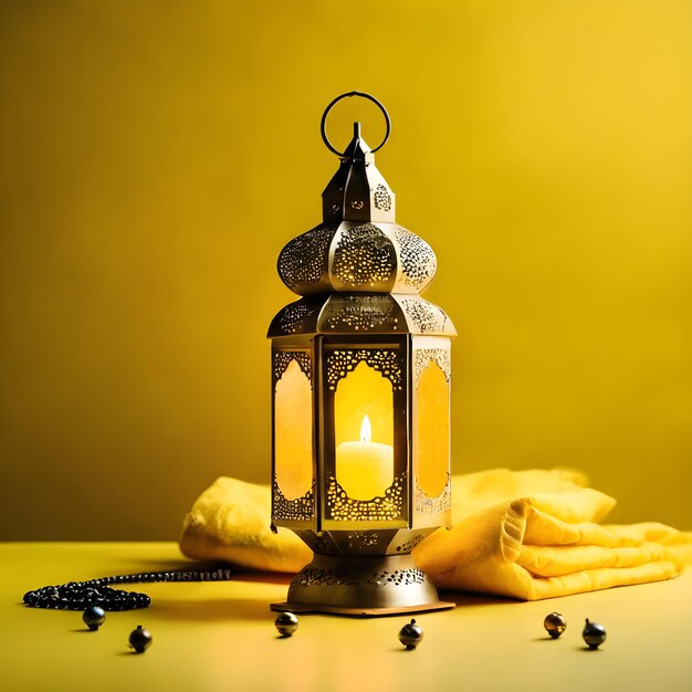 Foto una lanterna araba ornamentale brilla su uno sfondo di colore giallo