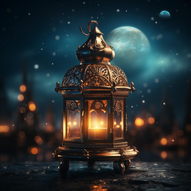 Photo ornamental arabic lantern with burning candle festive greeting card invitation for muslim ramadan