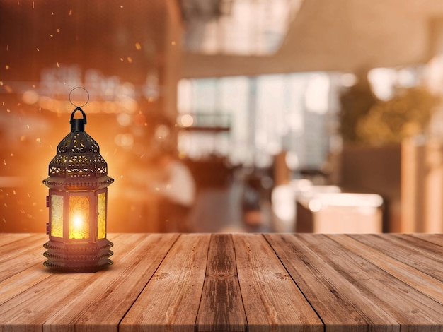 Ornamental Arabic lantern with burning candle glowing . Festive greeting card, invitation for Muslim