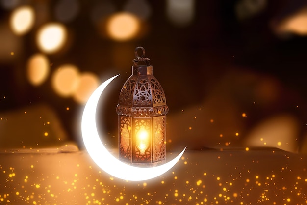 Photo ornamental arabic lantern with burning candle glowing . festive greeting card, invitation for muslim