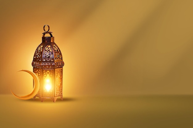 Ornamental Arabic lantern with burning candle glowing . Festive greeting card, invitation for Muslim