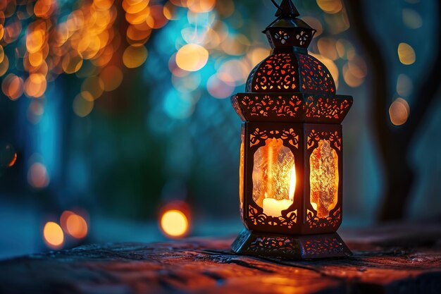 Ornamental arabic lantern with burning candle glowing at night background ramadan lantern