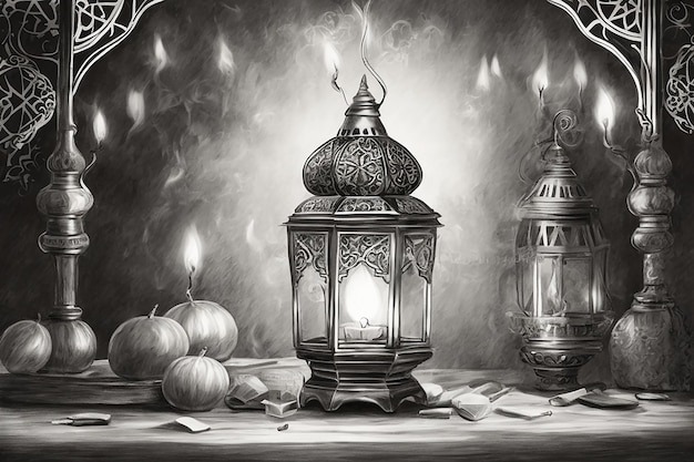 밤에 빛나는 불타는 불을 가진 장식 아랍 랜턴 이슬람 신성 한 달 라마단 카림에 대한 축제 인사 카드 초대