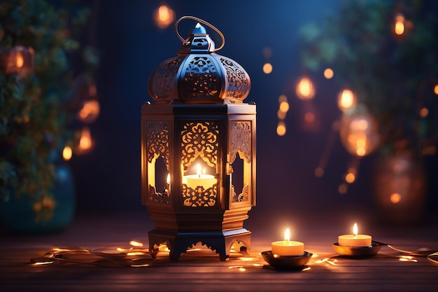 Ornamental Arabic lantern with burning candle glowing at night Festive greeting card invitation for Muslim holy month Ramadan Kareem