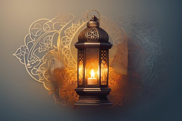 Ornamental Arabic lantern with burning candle glowing at night Festive greeting card invitation for Muslim holy month Ramadan Kareem