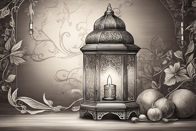 Декоративный арабский фонарь с горящей свечой, светящейся ночью Праздничная открытка с приглашением на мусульманский священный месяц Рамадан Карим