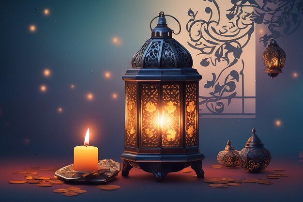 アラビアの装飾用ランタン夜に輝く燃えるろうそくイスラム教の聖月ラマダンの祝賀カードの招待状