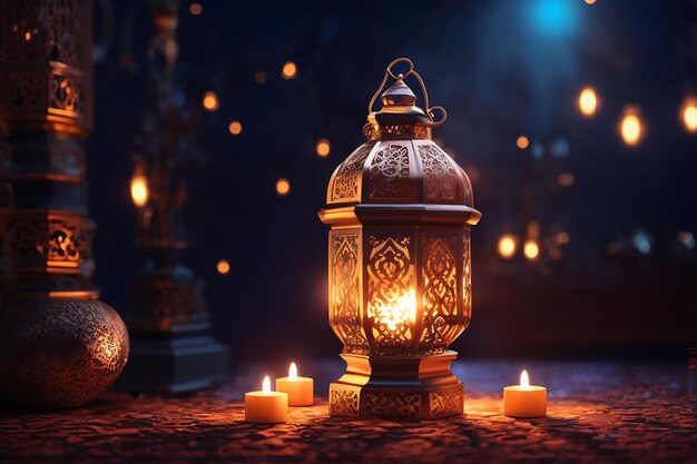 Ornamental Arabic lantern with burning candle glowing at night Festive greeting card invitation for Muslim holy month Ramadan Kareem