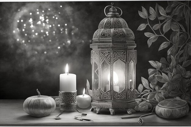 Ornamental Arabic lantern with burning candle glowing at night Festive greeting card invitation for Muslim holy month Ramadan Kareem