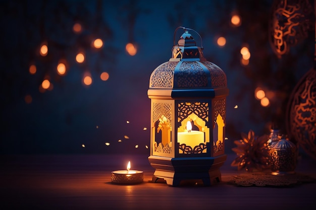 Ornamental Arabic lantern with burning candle glowing at night Festive greeting card invitation for Muslim holy month Ramadan Kareem