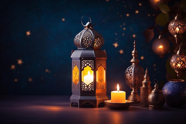 Ornamental Arabic lantern with burning candle glowing at night Festive greeting card invitation for Muslim holy month Ramadan Kareem